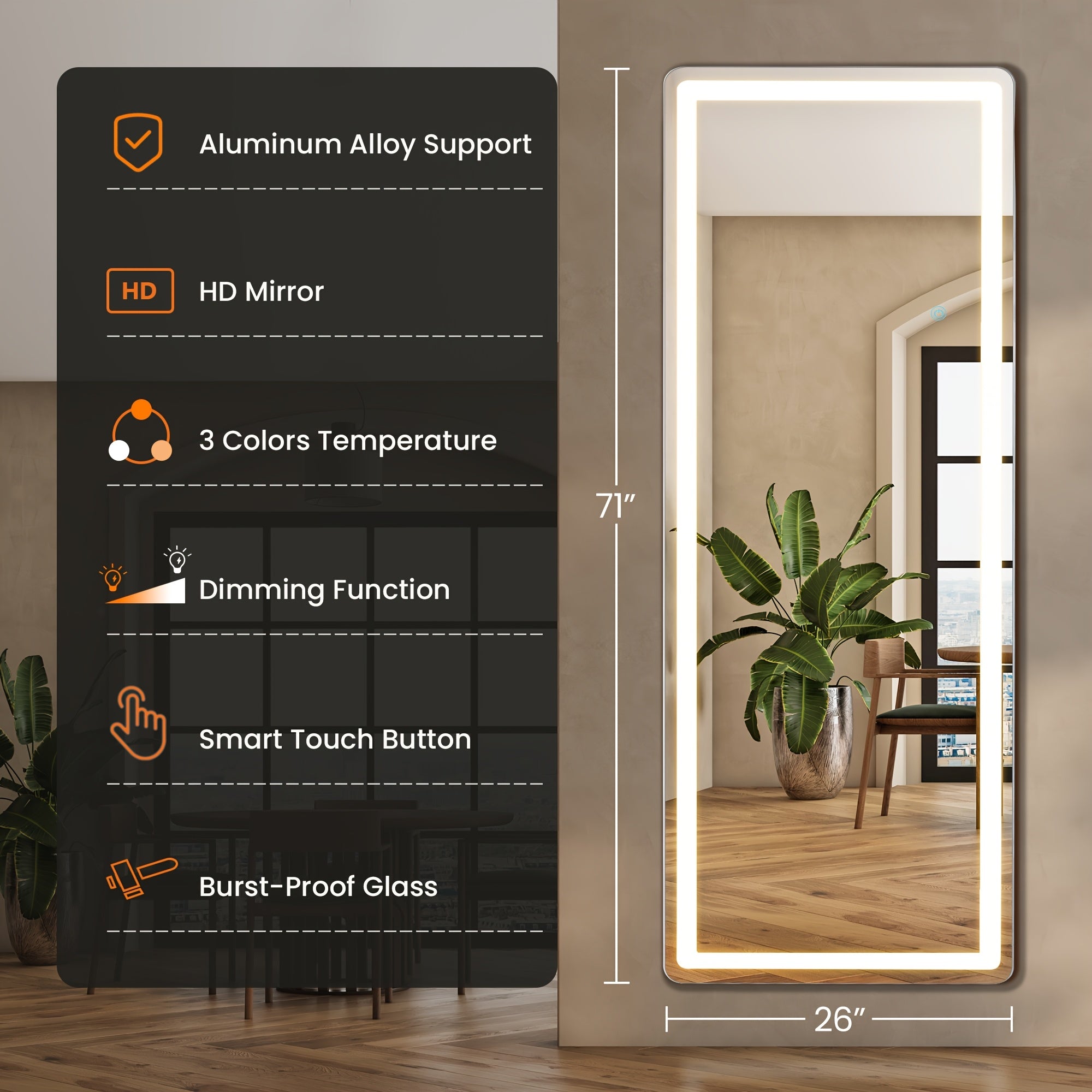 LED Full Length Mirror with Lights, Touch Control Lighted Full Body Mirror, Free Standing Wall Mounted Leaning Bedroom Mirror with LED Light Strip for Dressing Room Vanity