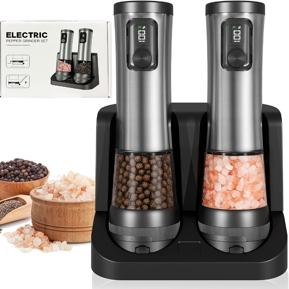 Electric Salt and Pepper Grinder Set Rechargeable USB Large Capacity with Base Automatic Adjustable Coarseness LED Display Kitchen Gift Silver Black