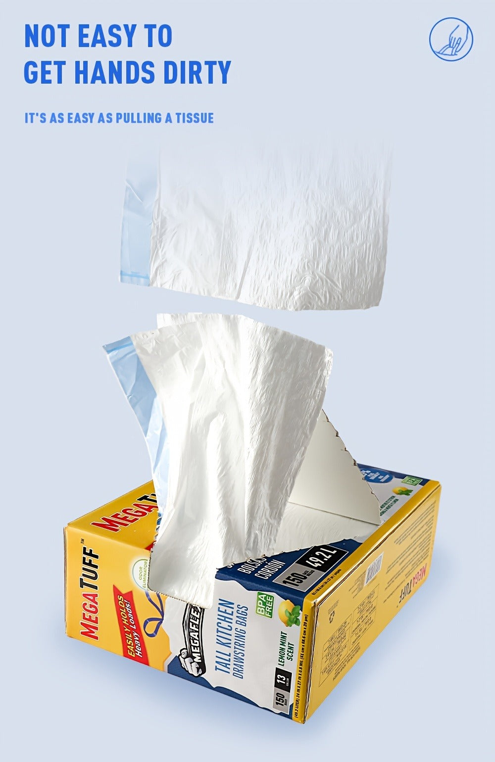 Drawstring Trash Bags 13 Gallon, 150 Count Tall Kitchen Garbage Bags, Puncture & Tear Resistant, Odor Eliminator Technology, Lemon Mint Fresh Scent, Disposable Drawstring Waste Bags for Kitchen Bathroom Office