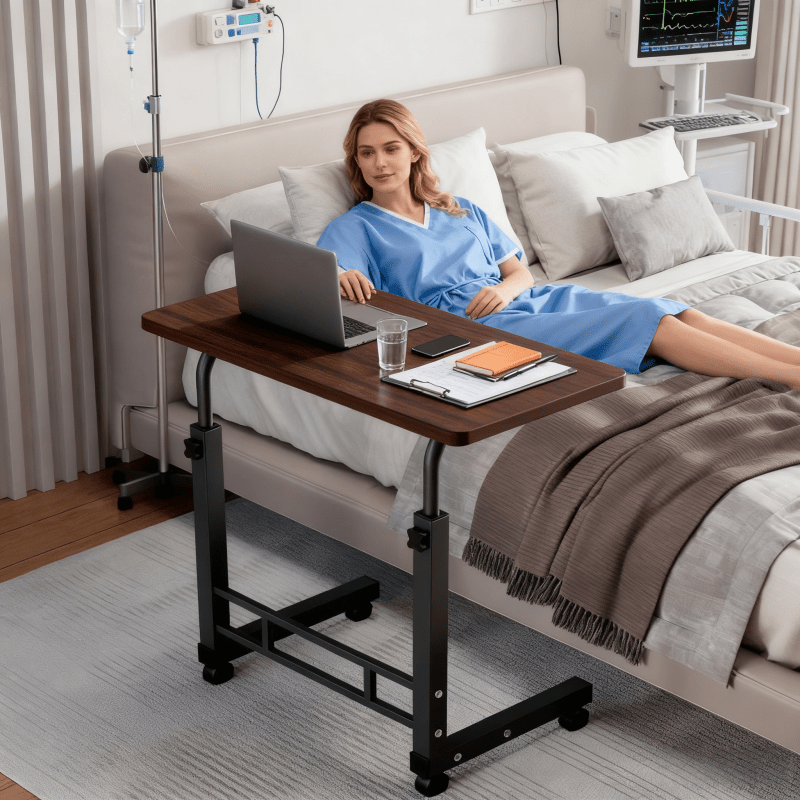 Adjustable Height Rolling Overbed Nursing Table 3-Layer Shelves Heavy Duty Bedside Tray for Elderly Patient Home Hospital Rehabilitation Care Laptop Desk 8 Colors Space Saving