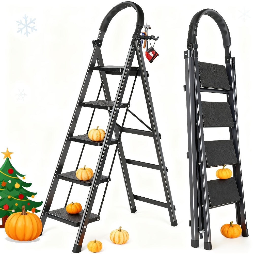 Folding Step Ladder 3 / 4 / 5 Step with Anti-Slip Pedal & Tool Tray ¨C 450 LBS Capacity Portable Steel Step Stool for Adults, Home, Kitchen, Library & Office Use ¨C Red & Black Options