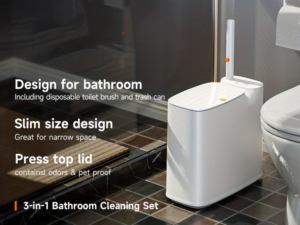 Toilet Brush and Trash Can 2-in-1 Set - Disposable Brush Heads Slim 7.7L Bathroom Waste Bin with Push Lid Hygienic No-Touch Cleaning System Space Saving ABS Plastic | White | RV Apartment Small Bathroom
