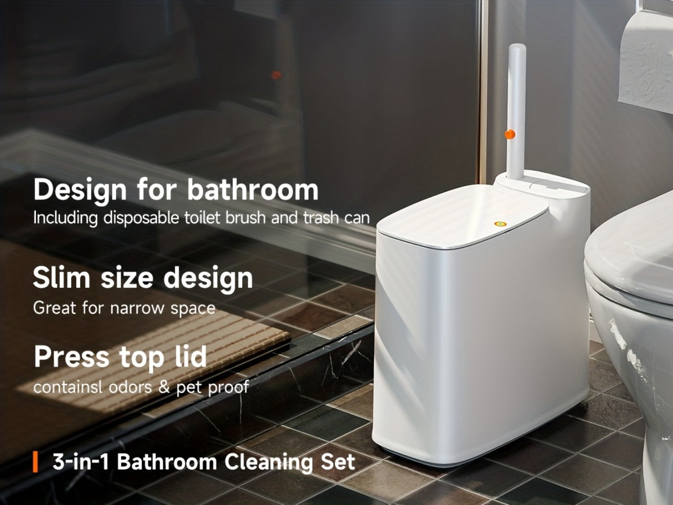 Toilet Brush and Trash Can 2-in-1 Set - Disposable Brush Heads Slim 7.7L Bathroom Waste Bin with Push Lid Hygienic No-Touch Cleaning System Space Saving ABS Plastic | White | RV Apartment Small Bathroom