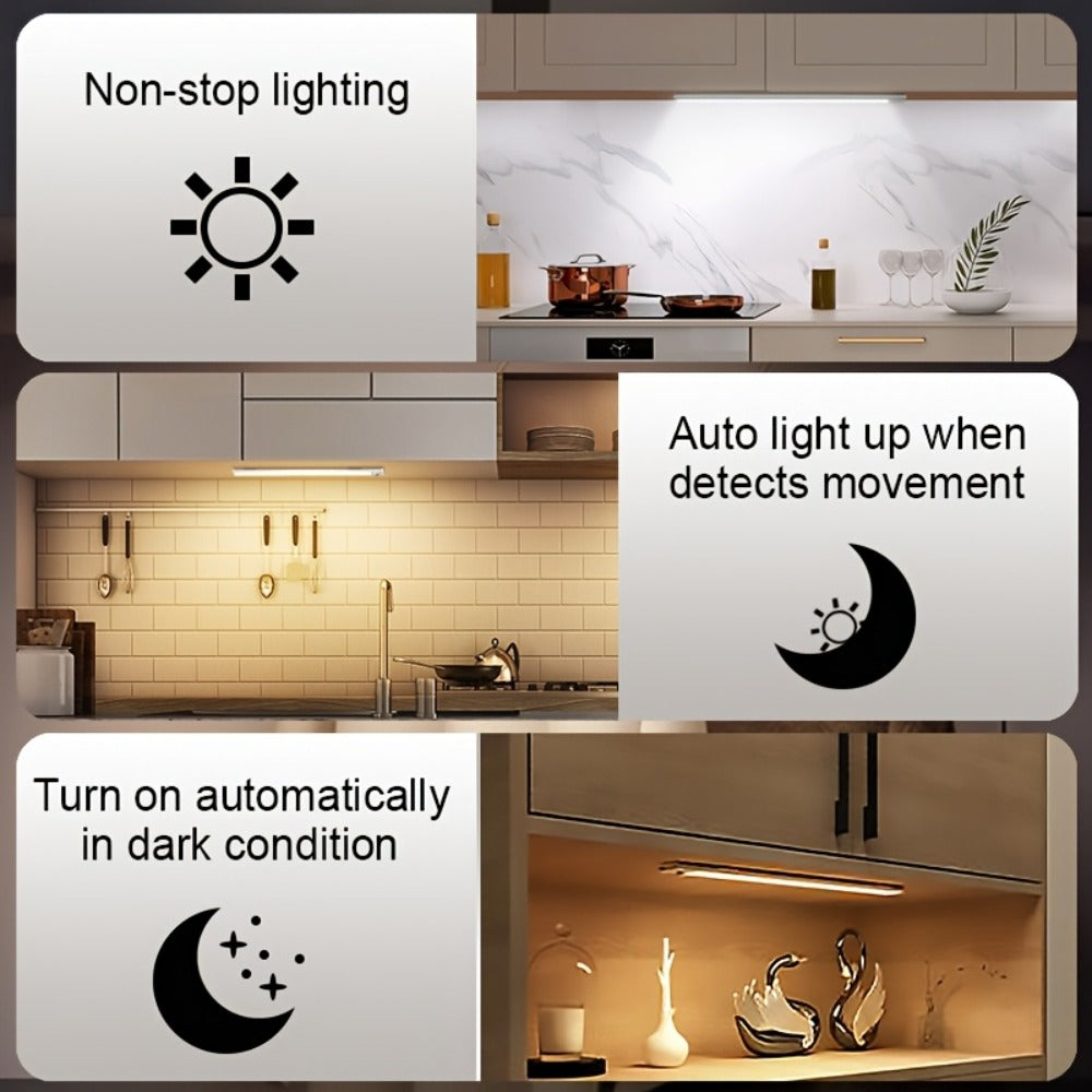 Motion Sensor Under Cabinet Lights 2 Pack | Wireless USB Rechargeable Dimmable 3 Color Temperatures Stick-On Magnetic LED Light for Kitchen Cabinet Wardrobe Stairs Cupboard