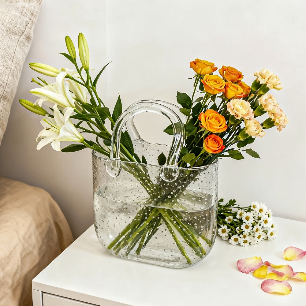 Glass Purse Vase for Flowers Glow in the Dark Vase Fish Bowl Bubble Clear Bag Vase with Handle 7.7x3.9x10.4In Unique Decorative Vases for Centerpieces Wedding Table Christmas Home Decor