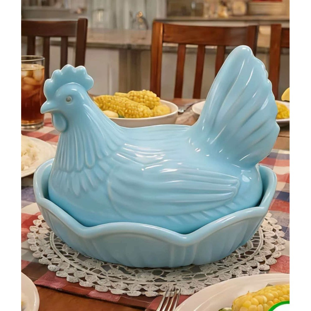 Glass Hen on Nest Candy Jar Vintage Farmhouse, Covered Chicken Storage Canister with Embossed Design, Rustic Kitchen Decor & Collectible Centerpiece for Table, Entryway & Cabinet (5 Colors)
