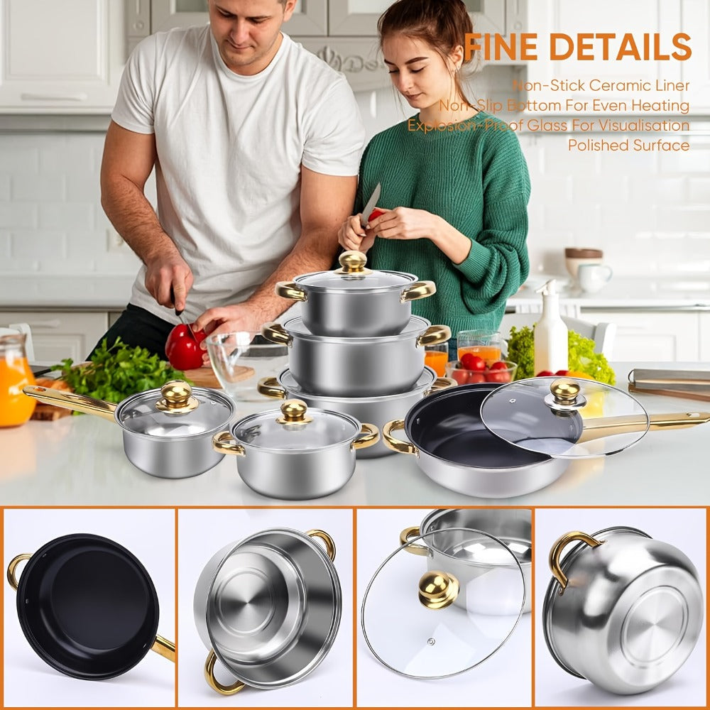 Stainless Steel Non-Stick Cookware Set 1 11 & 13 Piece ¨C Non-Toxic Dishwasher & Oven Safe Kitchen Cooking Set | Frying Boiling Stir-Fry Pots and Pans | Golden Silver Pink Orange Home & Catering