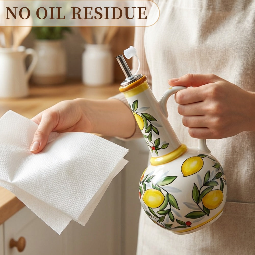 Ceramic Oil and Vinegar Dispenser Set Hand-Painted Underglaze Anti-Drip Leak-Proof Kitchen Oil Bottle with Oil Spout and Foot Pad Olive Green Lemon Yellow