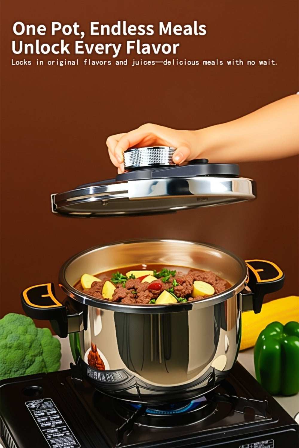 Pressure Cooker Stainless Steel with One-Twist Lock Lid ¨C Heavy-Duty Induction & Gas Compatible Stew Pot in 1.32gal, 1.59gal & 2.11gal, Dishwasher Safe Family Soup Cooker for Daily Cooking
