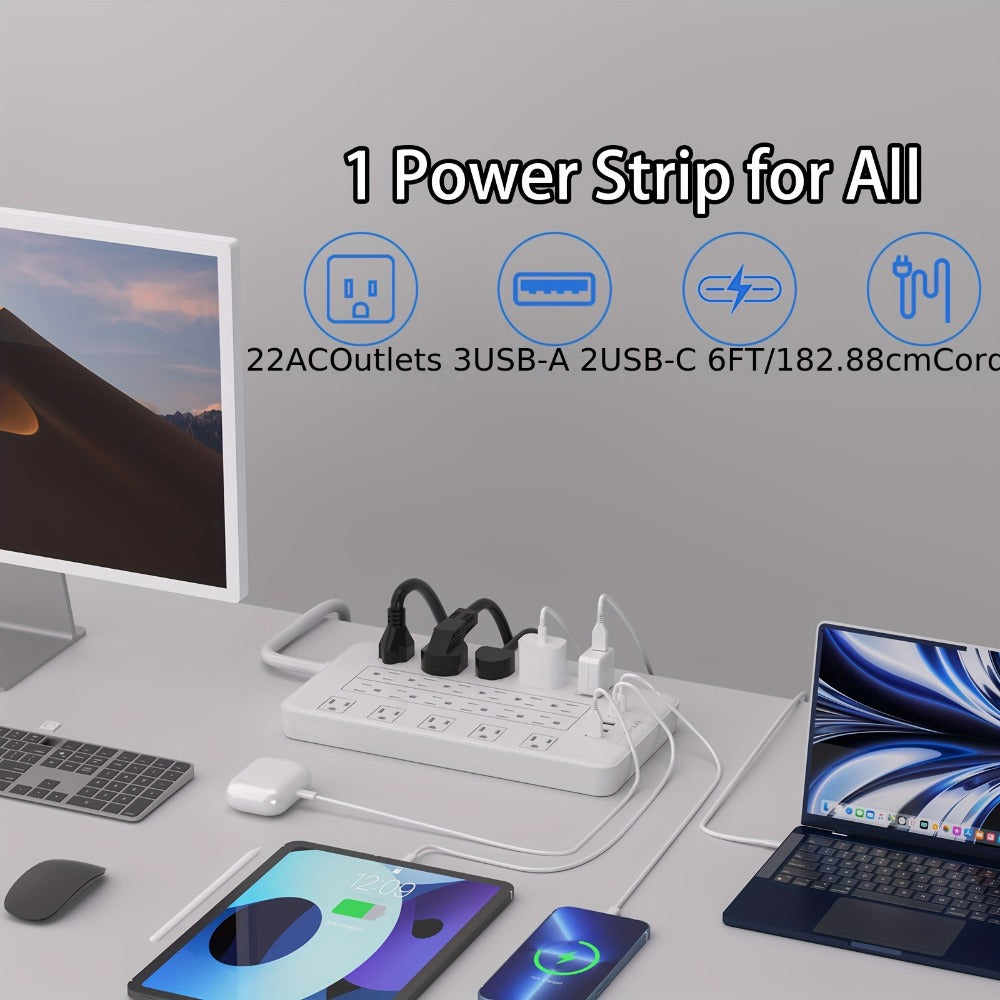 Surge Protector Power Strip with USB C Ports 22 AC Outlets 5 USB Ports - 6ft Flat Plug Extension Cord PD 20W Fast Charging 1875W 15A - Heavy Duty Wall Mount Under Desk Power Strip White