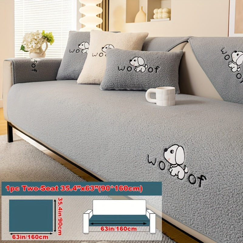 Sherpa Plush Sofa Cover Non-Slip | Thick Fleece Couch Protector, Pet Friendly Furniture Shield, 1 to 4 Seat, Armrest Backrest Pillowcase, Deep Gray Light Gray Coffee Off White