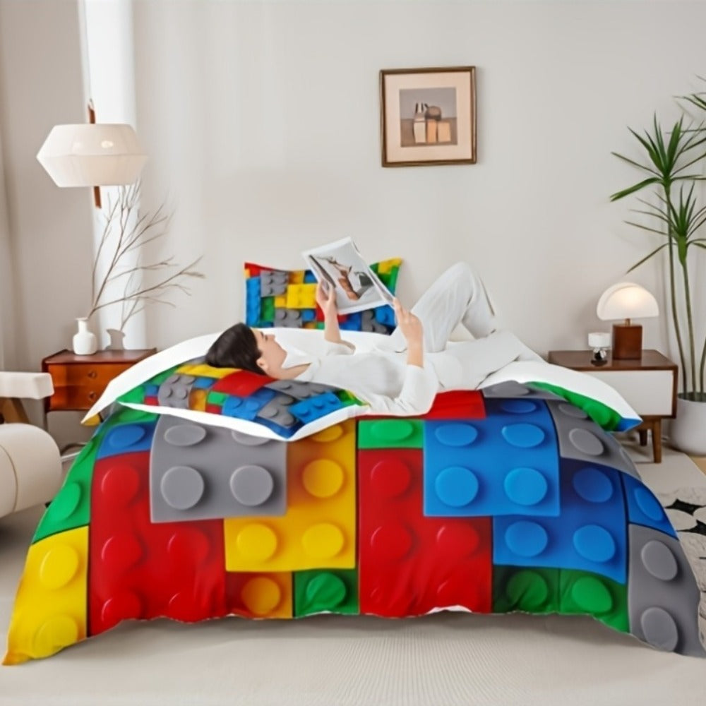 Building Blocks Duvet Cover Set 3D Rainbow Gradient Colorful Brick Bedding Set Kids Room Decor Microfiber Zipper Closure Twin Full Queen King No Comforter