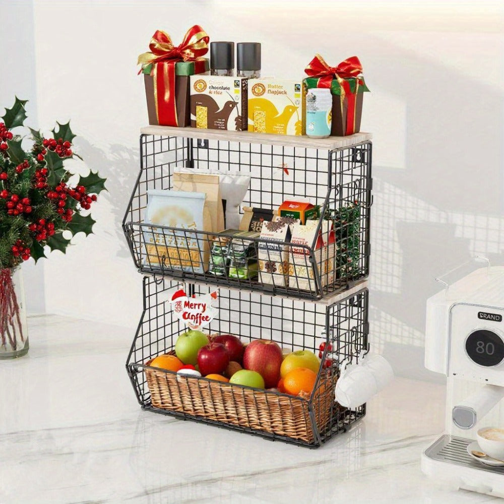 Stackable Metal Wire Fruit Basket with Lid ¨C 1 or 2-Tier Hanging Kitchen Pantry Storage Bin, Wall-Mounted or Countertop Vegetable Organizer for Potato, Onion & Produce, Black