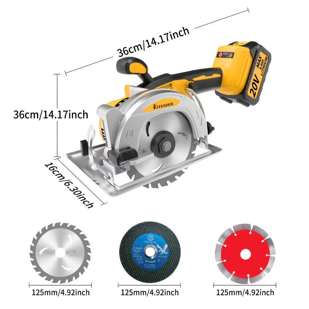 Brushless Circular Saw 5-Inch Kit 6900RPM with Battery & Charger ¨C 45¡ã Bevel Cut, Up to 6 Saw Blades, 2.0AH / 4.0AH Battery Options, Cordless Woodworking Saw for Wood Cutting, Garden & DIY Projects