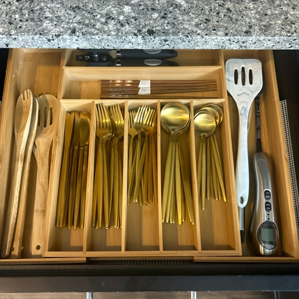 Bamboo Drawer Organizer Expandable Utensil Tray | Adjustable Silverware Organizer for Kitchen Drawers | 5 or 9 Compartments Cutlery Divider for Fork Spoon Knife Kitchen Tools