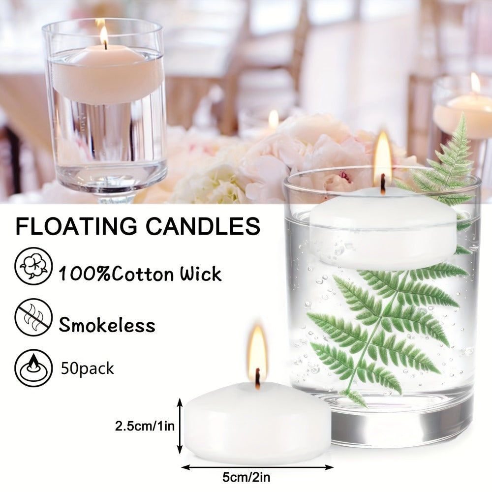 Floating Candles 2 Inch ¨C 50 Pack White Paraffin Wax Candles for Wedding, Birthday, Valentine's Day, Halloween & Christmas Table Centerpiece Decor