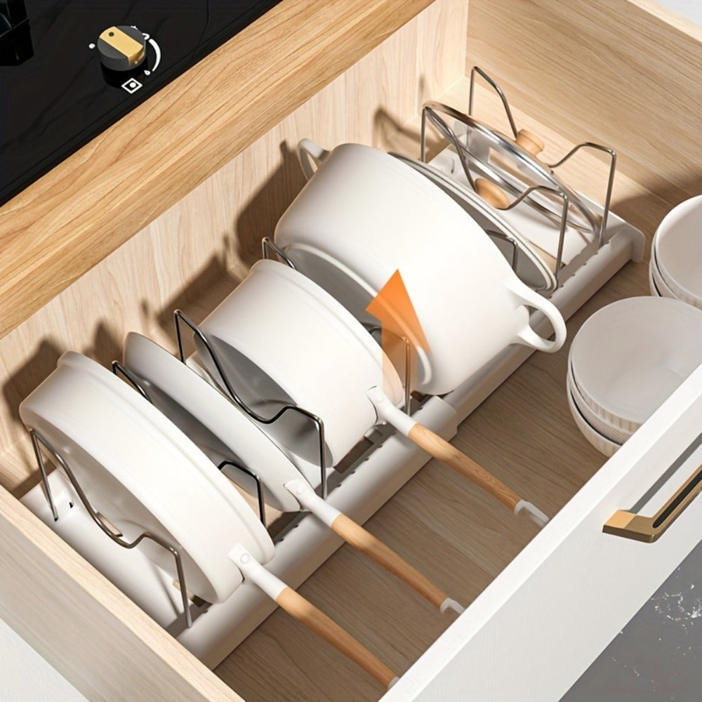 Pot Organizer Rack Adjustable Expandable Kitchen Cabinet Pots and Pans Organizer with Adjustable Dividers Easy Storage Organization for Kitchen Home White Gray
