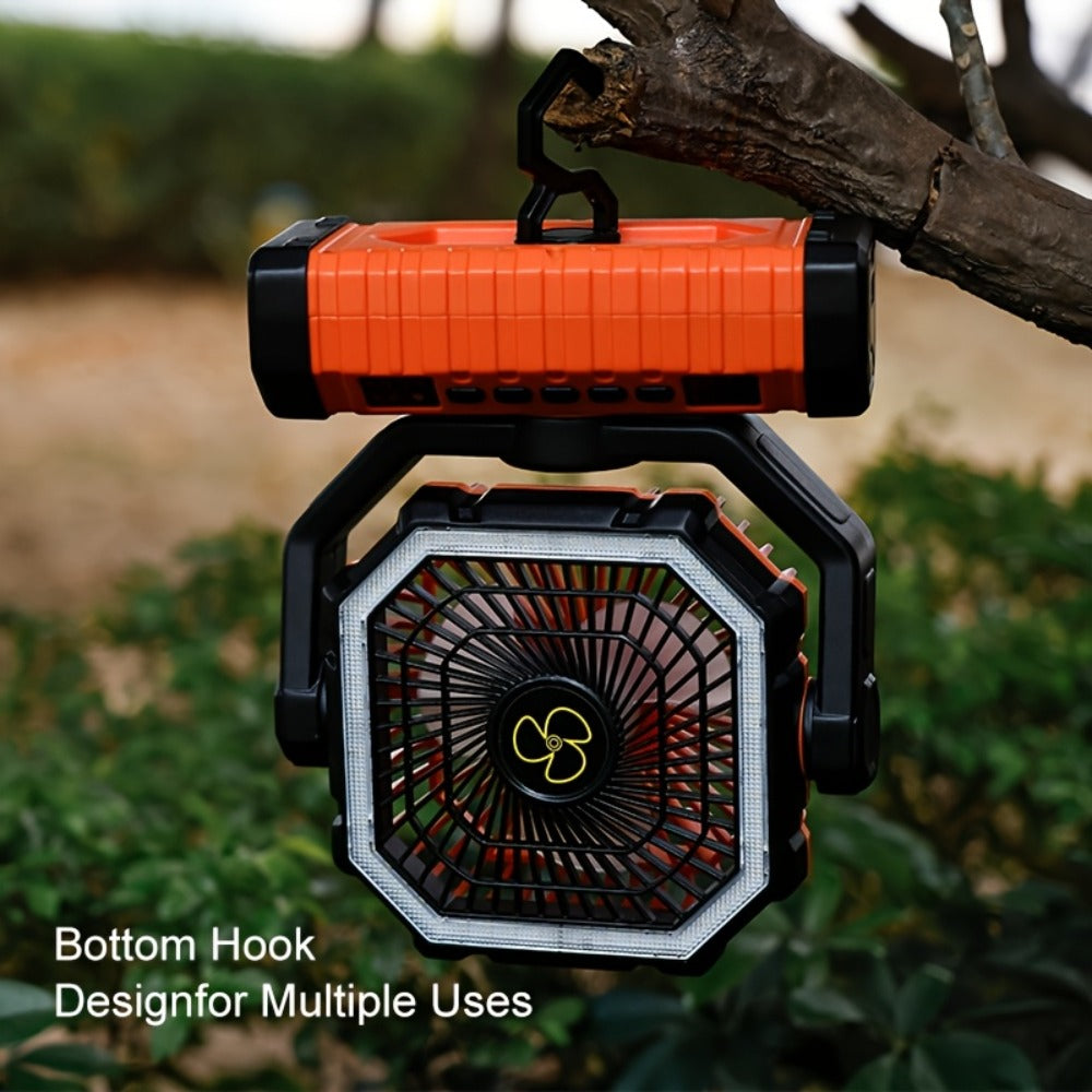 Camping Fan 20000mAh with Built-In LED Light, USB Rechargeable Portable Outdoor Fan with Sturdy Handle, Rugged Compact Design for Tent, Hiking, Fishing, Backpacking and Emergency Power Outage