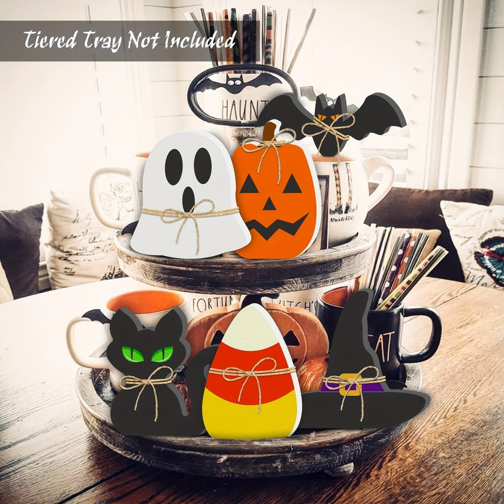 Halloween Wooden Decorations Set of 6 ¨C Freestanding Rustic Table Signs with Pumpkin, Ghost, Bat, Black Cat, Witch Hat & Candy Corn, Farmhouse Tiered Tray & Mantle Decor