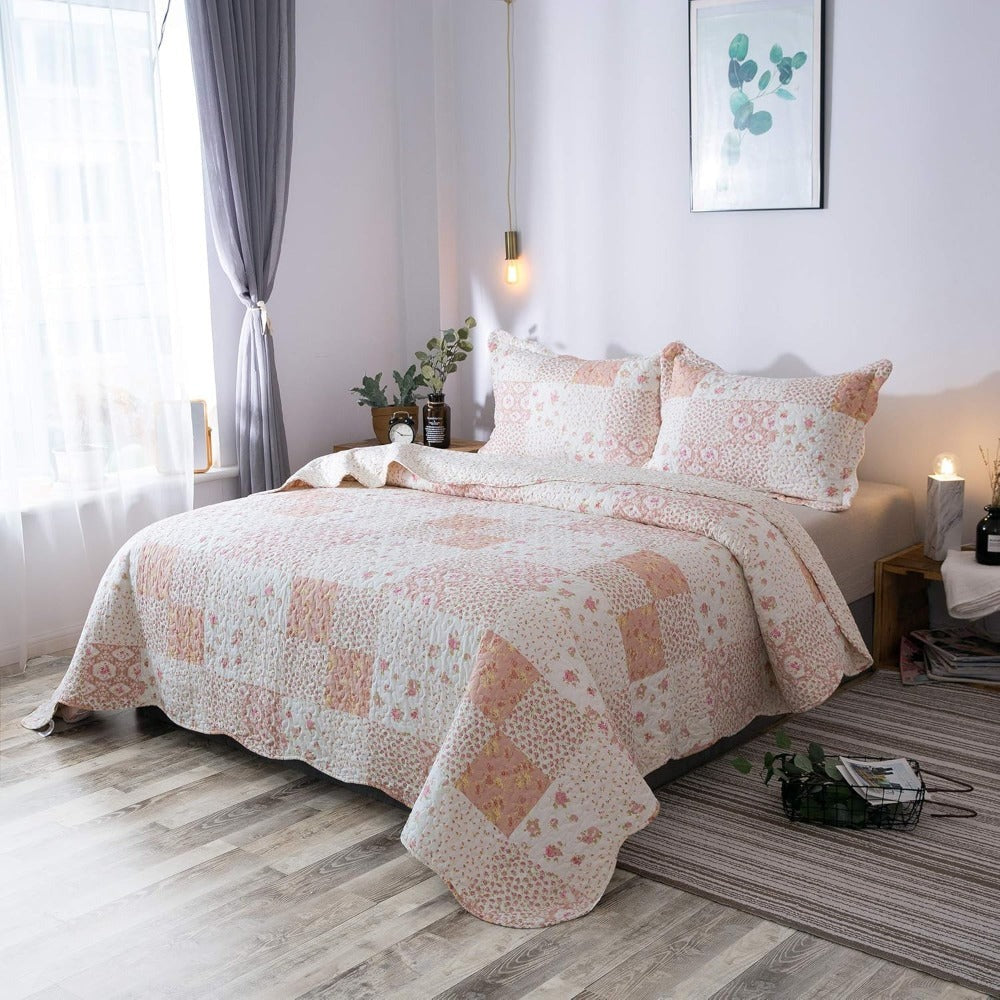 Floral Quilt Set Lightweight Bedspread Coverlet 2 or 3-Piece, All Season Hypoallergenic Breathable Paisley Patchwork Print Quilt for Bedroom Guest Room Dorm RV Cabin, Twin Queen King, Shabby Chic