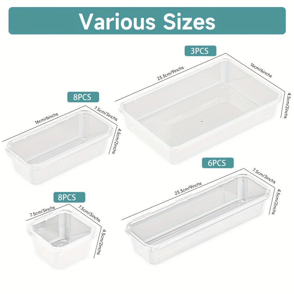 Drawer Organizer Set 25pcs Transparent Plastic Storage Boxes | Bathroom Vanity Makeup Organizer Tray for Cosmetics, Jewelry, Office Desk & Bedroom Dresser - Multifunctional PET Stackable Divider Kit