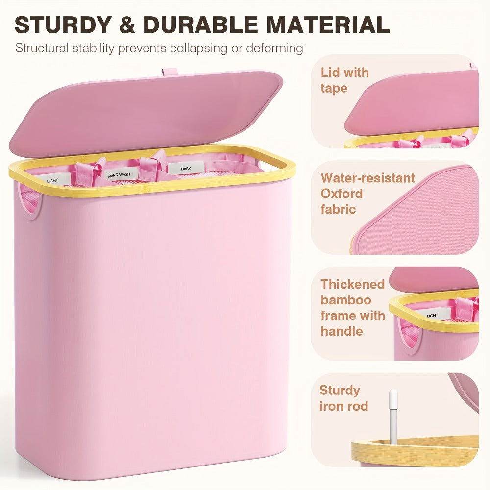 Laundry Hamper with Lid - 145L Extra Large 3-Section Fabric Sorter with Removable Washable Bags & Bamboo Handles, Pre-Sorting Labels, Pink Laundry Basket for Bedroom, Bathroom, Dorm & Home Organization