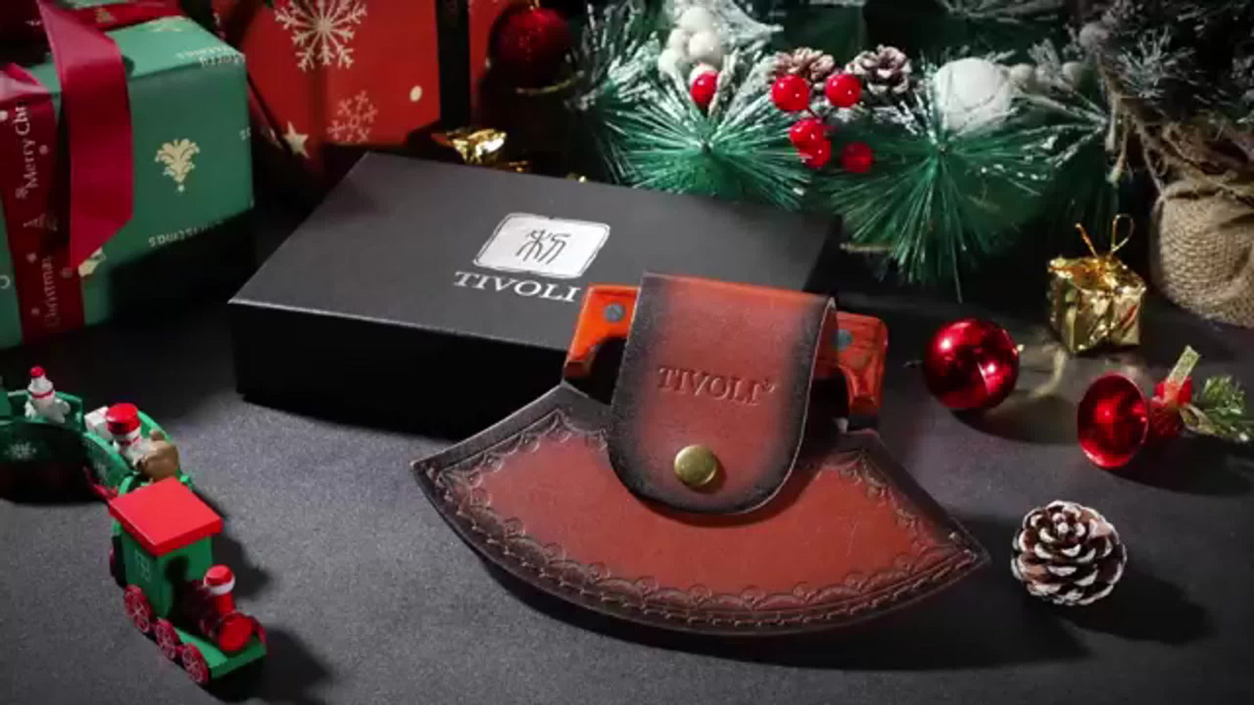 Hand-Forged Ulu Knife Rocker Blade High Carbon Steel Full Tang Rosewood Handle with Leather Sheath & Gift Box, Mezzaluna Chopping Knife for Kitchen Camping BBQ, Chef Gift for Men