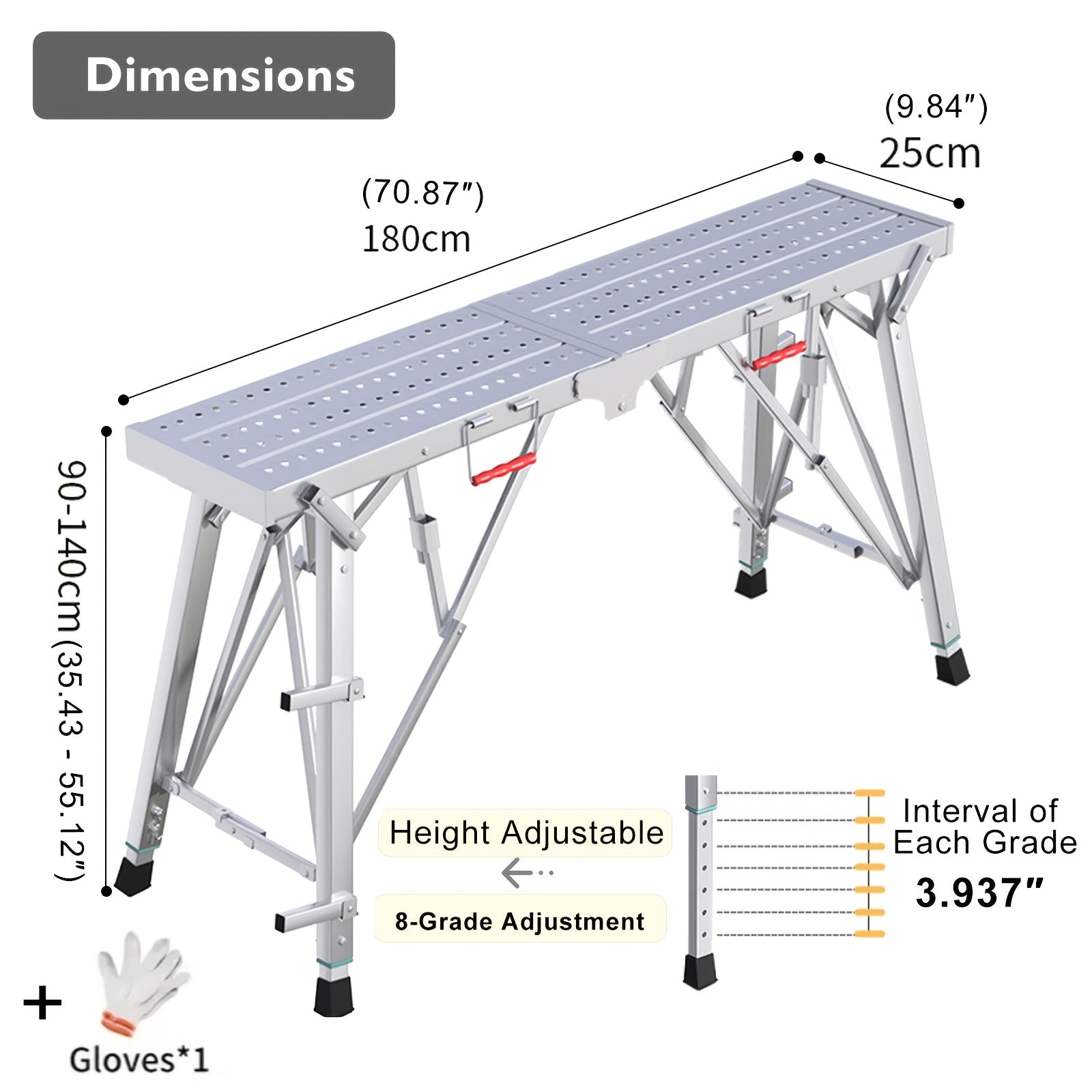 Adjustable Folding Scaffolding Work Platform 800 lbs, Portable Drywall Bench Step Ladder with Anti-Slip Feet & Safety Lock, Height 31.5¡±-49.2¡±, for Painting, Cleaning, Car Washing & Decorating
