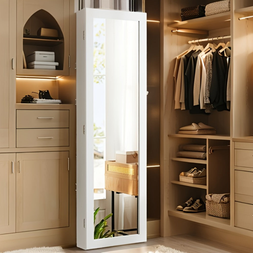 Jewelry Armoire Floor Standing 47.2¡± Full-Length Mirror Cabinet with 6 LED Lights Dual Lock, Jewelry Organizer for Necklaces Earrings Rings Bracelets, Bedroom Closet Storage 4 Colors