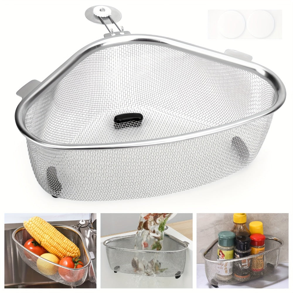 Stainless Steel Sink Strainer Basket 304 Grade Triangular Space-Saving Design ¨C Dual-Use Stand & Hang, Mesh Filter for Food Waste & Clog Prevention, Kitchen & RV Drain Basket 8.6¡Á6.1¡Á3.1 Inch