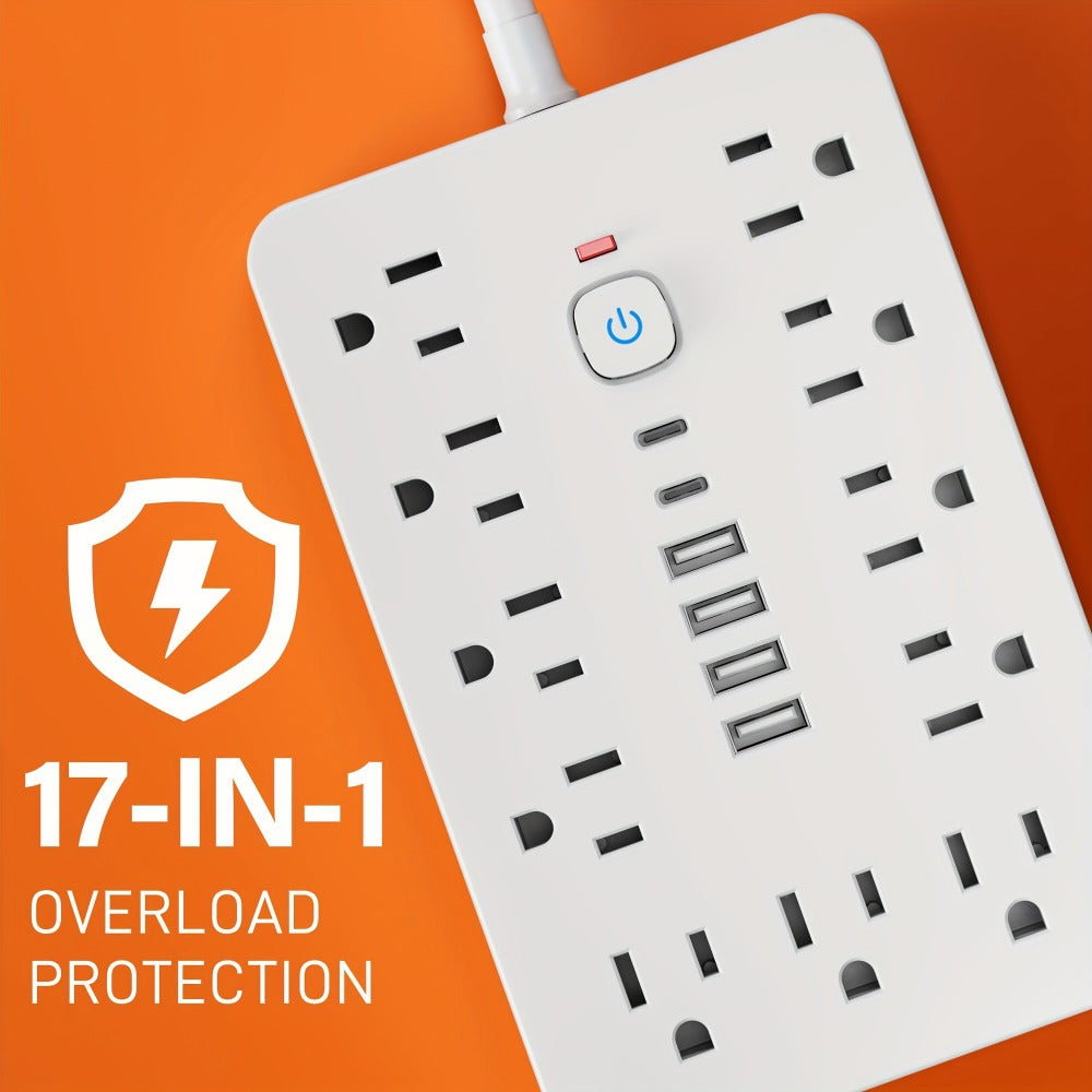 Surge Protector Power Strip 17-in-1 with 11 AC Outlets 4 USB-A 2 USB-C Ports Flat Plug Extension Cord Space-Saving Compact Design for Home Office Kitchen Desk Wall Charging Station