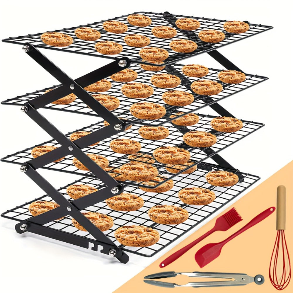 Foldable Cooling Rack Set ¨C Stackable Oven Cookie Cake Drying Rack with Free Baking Tools (Silicone Spatula, Egg Beater, Tongs, Brush) | 3/4/5 Tier Options for Kitchen, Camping & Holiday Baking