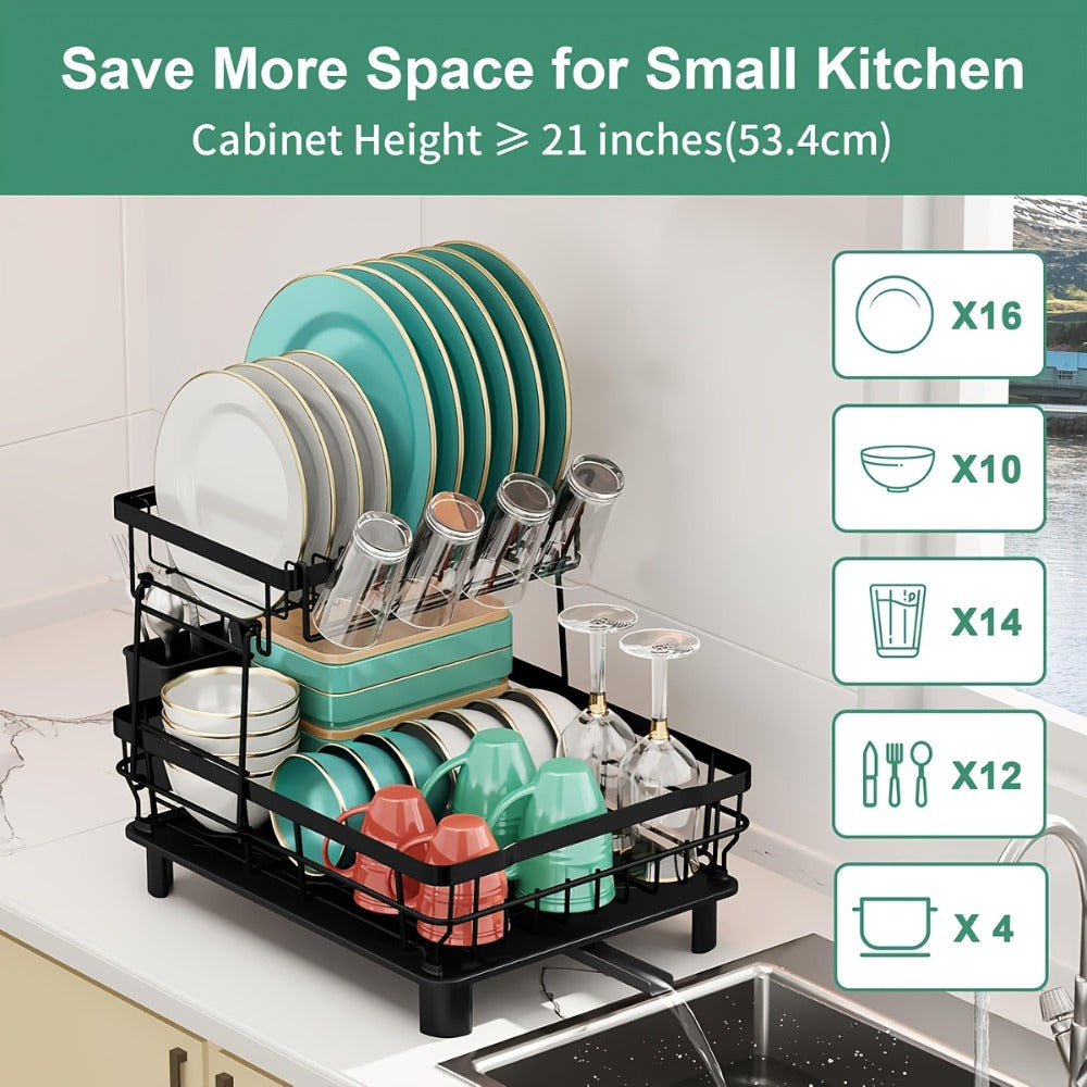 Dish Drying Rack 2-Tier Large Capacity Stainless Steel Detachable Dish Drainer for Kitchen Counter with Utensil Holder and Drain Board in Black White Gray