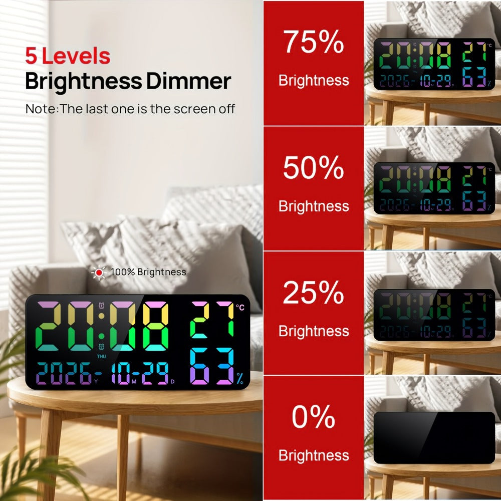 Digital Wall Clock 14.6 Inch Large LED Display with Remote Control - 12 RGB Color Modes, Dual Alarm, Night Light, Temperature, Humidity & Date | Smart Home Decor for Living Room, Bedroom & Elderly
