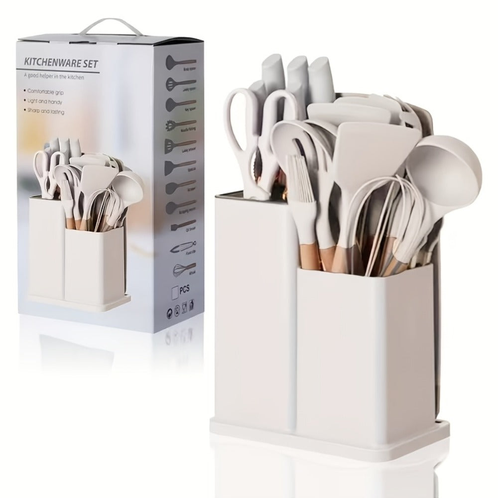 19-Piece Non-Stick Silicone Cookware Set with Bamboo Storage, Knives & Wooden Handle ¨C Pots, Pans & Utensils for Induction & Oven