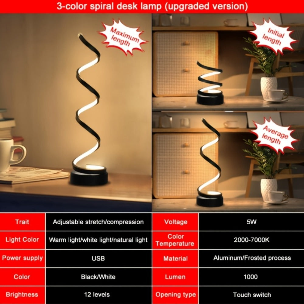 Dimmable Spiral Table Lamp with Touch Control & USB-C Charging Port, 3-Way Brightness Bedside Nightstand Lamp, Modern Minimalist LED Desk Lamp for Bedroom Living Room, Black & White