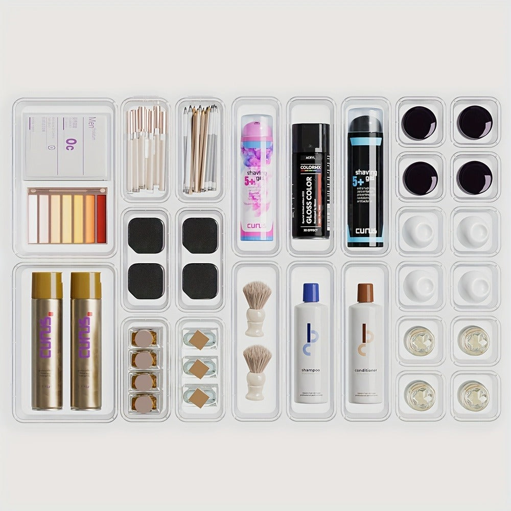 Drawer Organizer Set 25pcs Transparent Plastic Storage Boxes | Bathroom Vanity Makeup Organizer Tray for Cosmetics, Jewelry, Office Desk & Bedroom Dresser - Multifunctional PET Stackable Divider Kit
