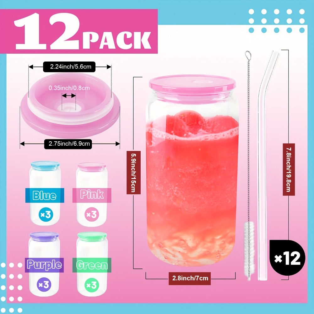 Frosted Sublimation Glass Tumblers 16oz Borosilicate Can Cups with Acrylic Lids ¨C Set of 8 or 12 for Juice, Soda & Iced Coffee