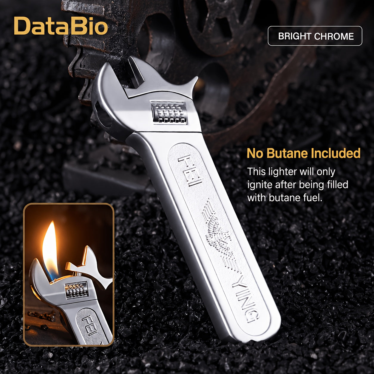 Spanner Shape Novelty Lighter ¨C Refillable Butane Windproof Metal Lighter, Cool Gadget Gift for Men | Father's Day Gift Idea | Bright Chrome & Black | No Butane Included