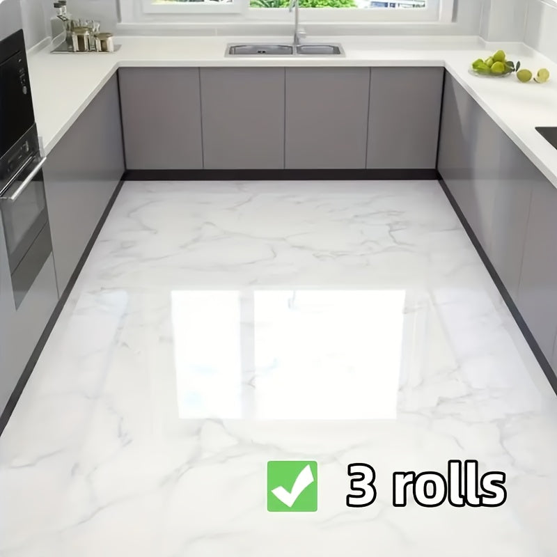 Self-Adhesive Marble Vinyl Floor Wallpaper 3 Rolls 23.62x197.75in - Waterproof Oil-Proof Anti-Slip Wear-Resistant Peel and Stick Floor Tiles for Kitchen Bathroom Living Room Home Renovation Straight Edge