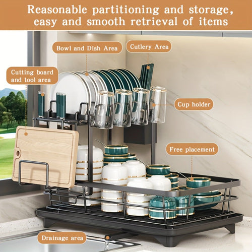 2-Tier Metal Dish Drying Rack with Cutlery Holder Cup Holder & Rust-Proof Drip Tray ¨C Space Saving Countertop Kitchen Organizer