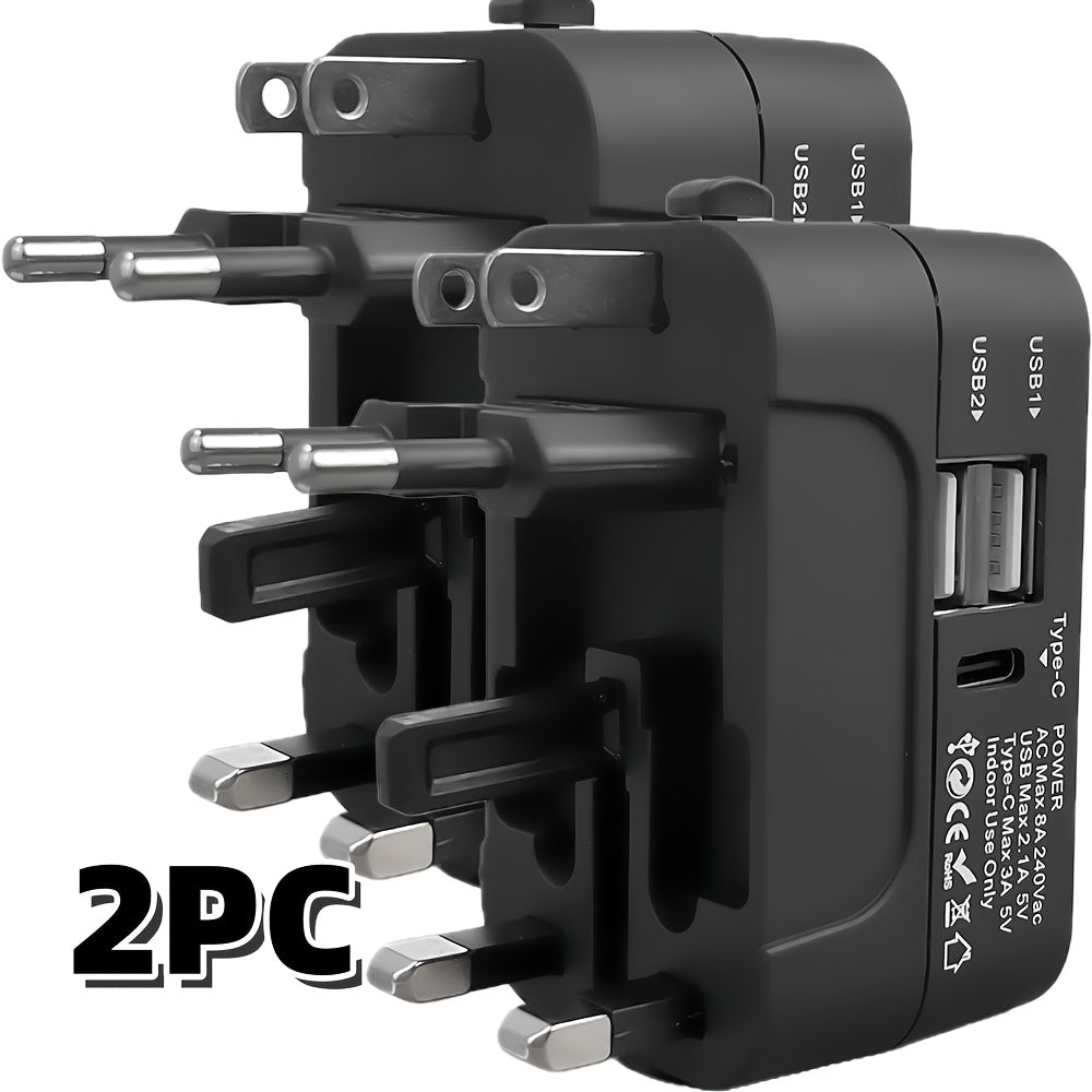 Universal Travel Adapter with Surge Protection - 2 USB & Type-C Ports, All-in-One International Plug for 350+ Countries, 100-240V Input, Fast Charging, Compact Lightweight Design, White & Black