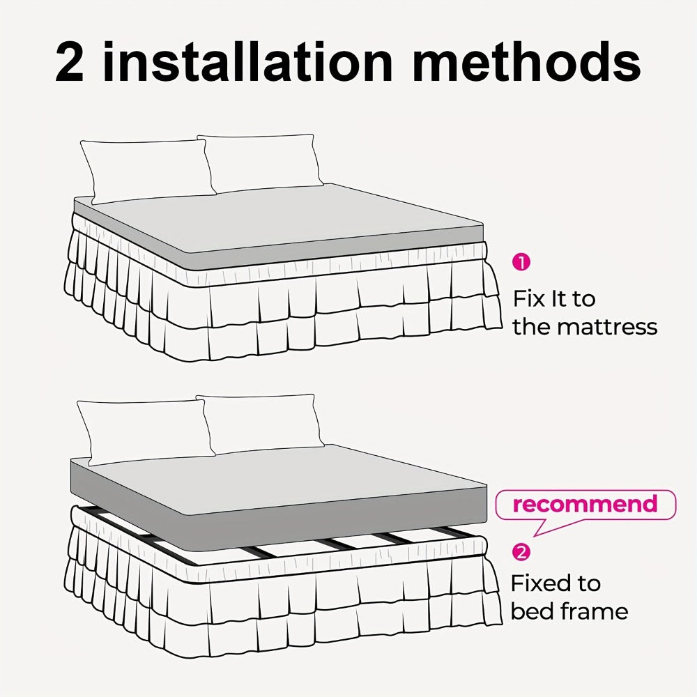 Double Ruffle Bed Skirt 16¡± Drop | Elastic Wrap Around Dust Ruffle for Twin Full Queen King Bed | Easy Install Machine Washable Soft Linen Poly Blend Bedskirt