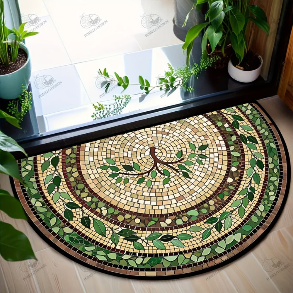 Welcome Mat Half Round Door Mat Ethnic Style Retro Stone Leaf Print Washable Indoor Outdoor Rug 32x20 Inch Non-Slip Entryway Mat for Front Door Kitchen Patio Courtyard Holiday Home Decor