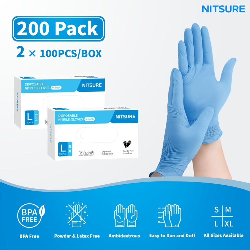 Blue Nitrile Disposable Gloves 5.5 Mil, Bulk Pack 101/201/501/1000 Count, Latex-Free Powder-Free Chemical Resistant Elastic Fit, for Household Cleaning, Tattooing, Painting, Car Washing & Maintenance