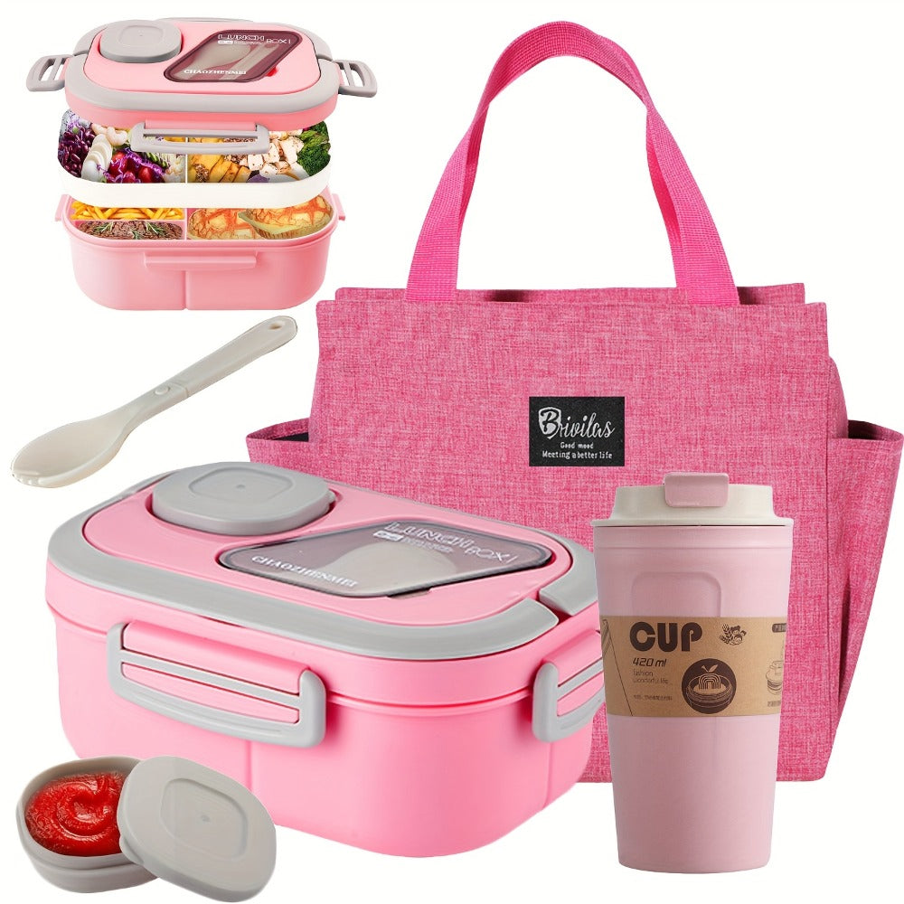 2-Layer Bento Lunch Box Set with Cup and Meal Bag - Multi-Grid Lunch Box for School, Office & Outdoor Picnics, Food Storage Container with Milk Cup, Salad Cup, Coffee Cup or Soup Bowl, Pink Blue Green White
