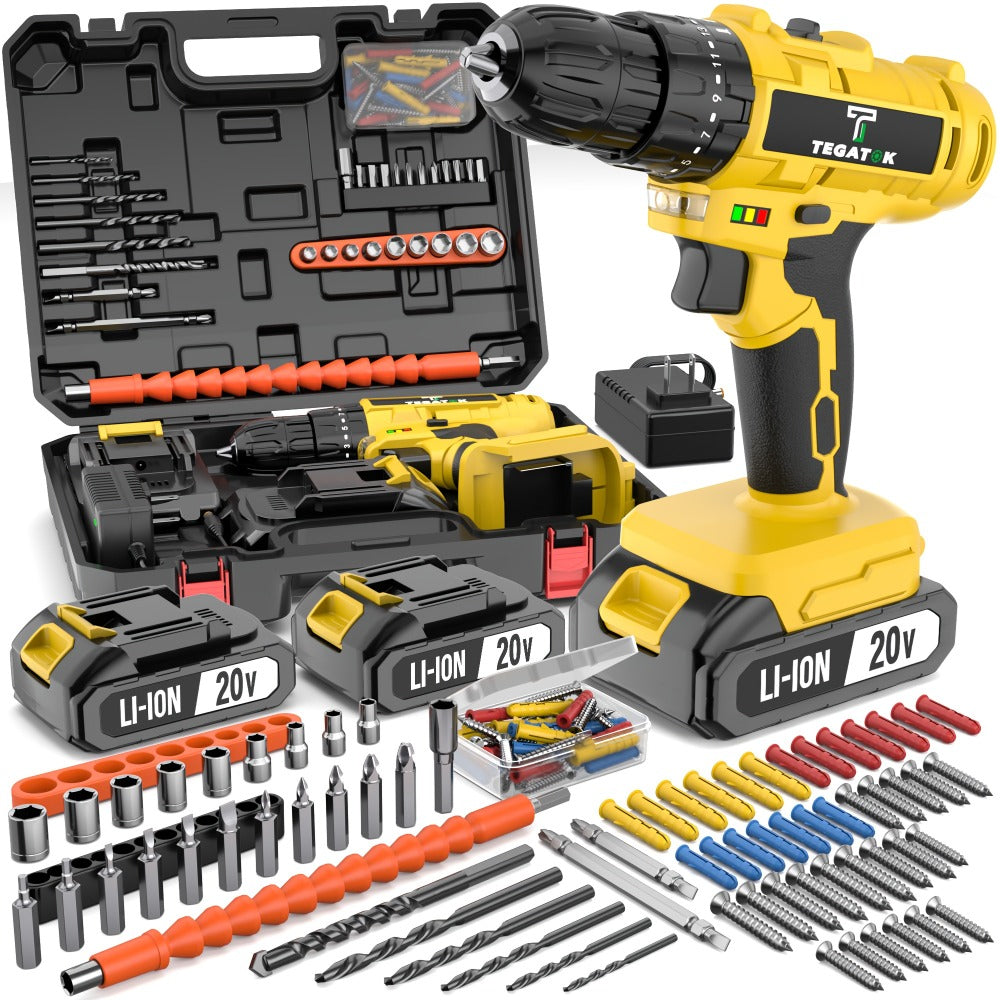 Cordless Drill Set 20V - Tegatok Impact Drill Kit with 45Nm Torque, 23-Speed Settings, LED Light, 2.0Ah Battery & Fast Charger, 58/136/145pcs Accessories for Home Renovation, Woodworking & Metal Drilling