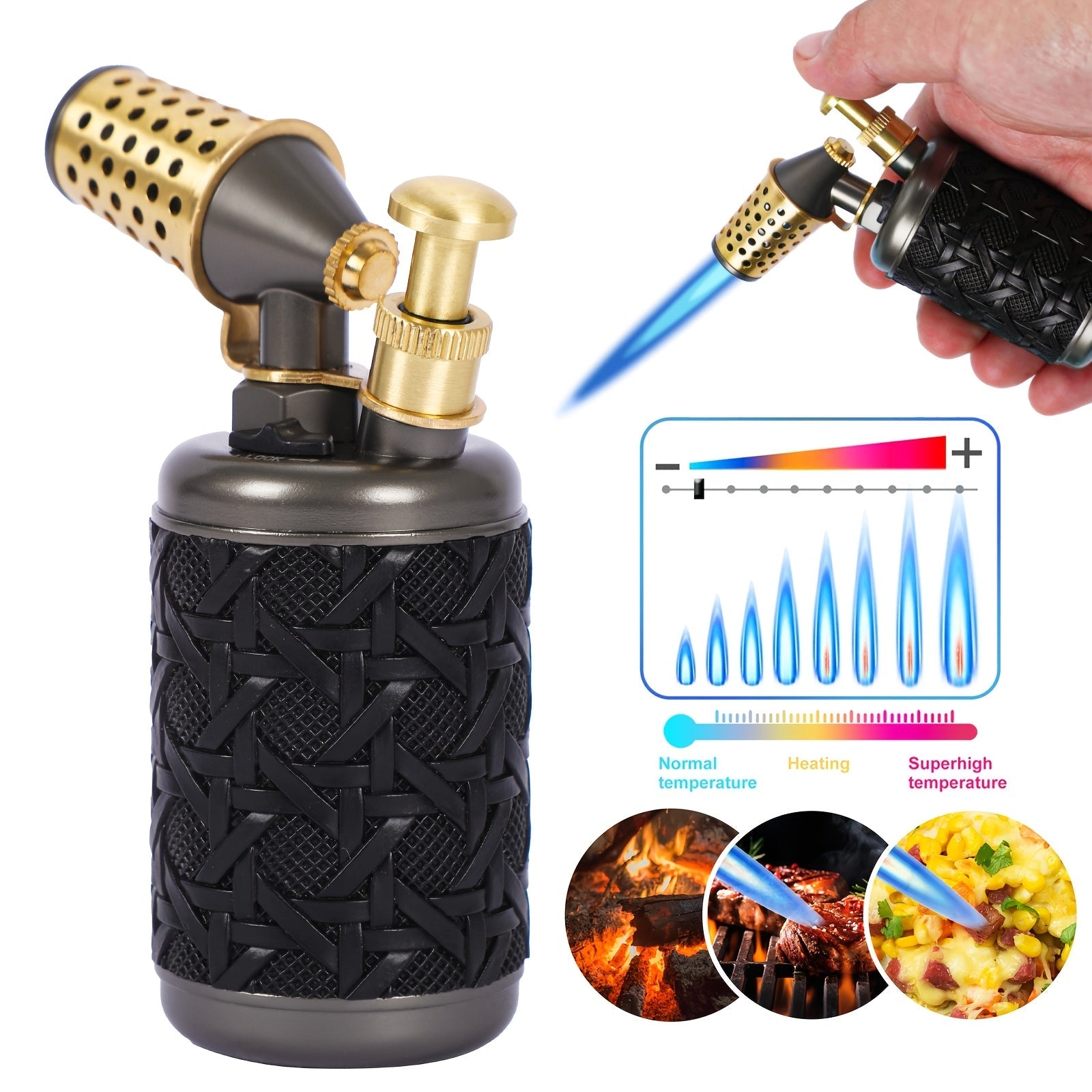 Butane Torch Kitchen Culinary Blow Torch Double Flame Adjustable Refillable Safety Lock 2372F for Creme Brulee Baking BBQ Camping Jewelry Making Gift Box Butane Not Included
