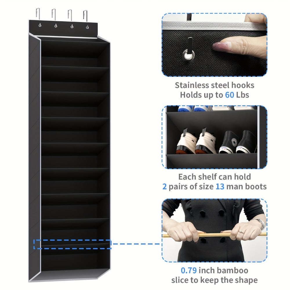 10-Tier Over-the-Door Shoe Rack Organizer with 4 Metal Hooks - Holds 20 Pairs, Large Capacity Hanging Shoe Storage