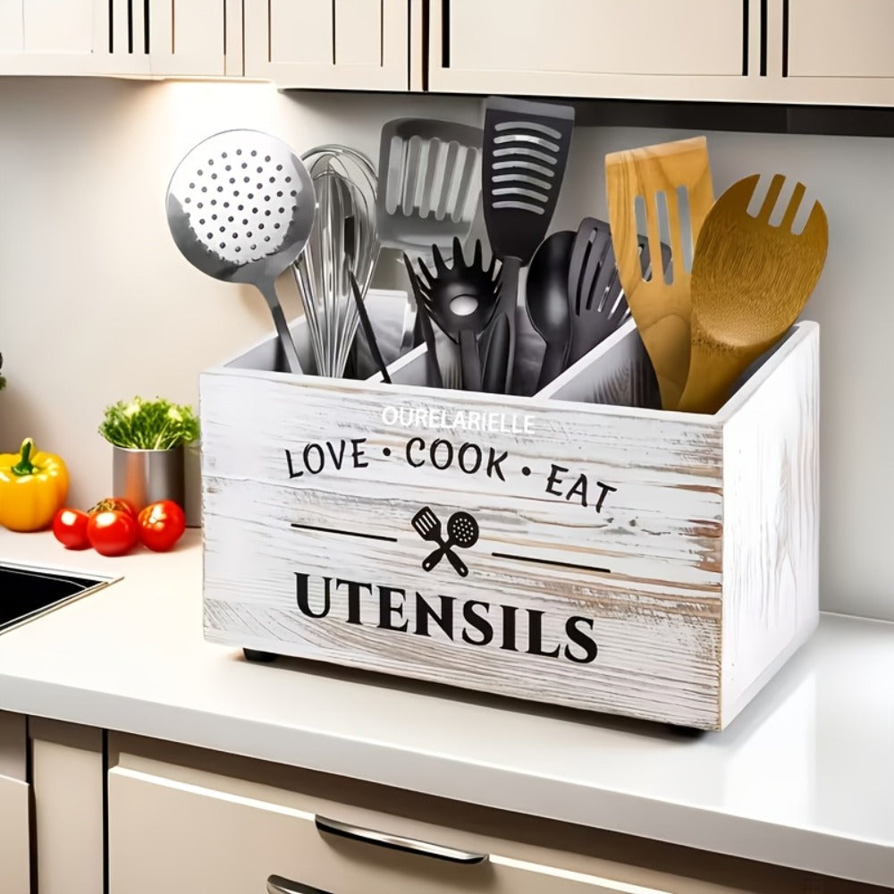 Wooden Cutlery Storage Box with Grid Compartments Chopstick Organizer Rack with Metal Accents for Kitchen Drawer Bedroom Desk Home Organization in Natural White Black